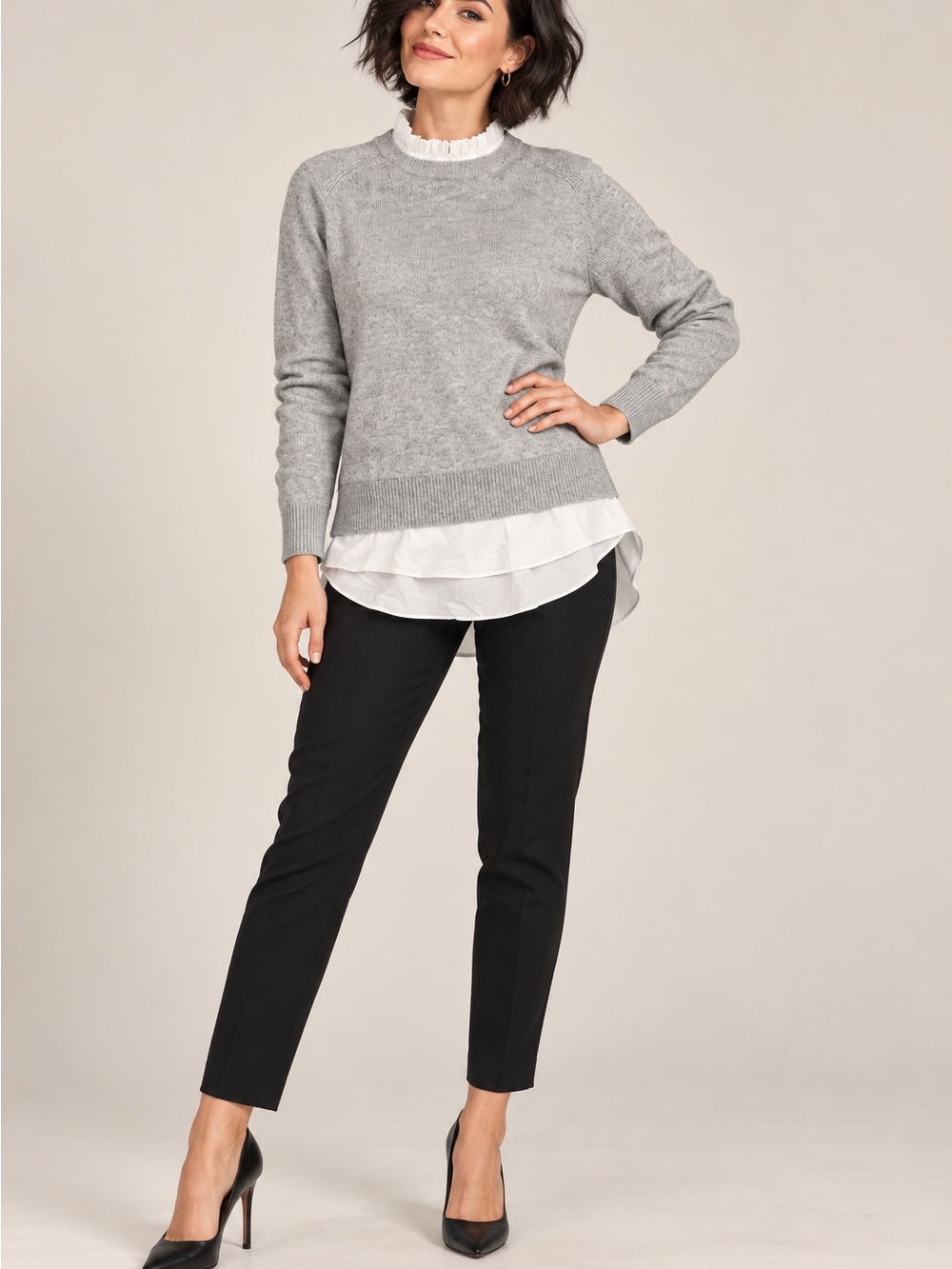 Ted Baker Gray Women's Cashmere Wool Blend Sweater with White Layered Cotton Hem